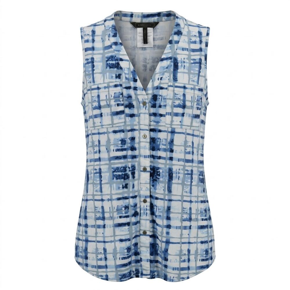Bcbgmaxazria Blue Tie Dye Plaid Sleeveless Button Up Blouse Women Size S